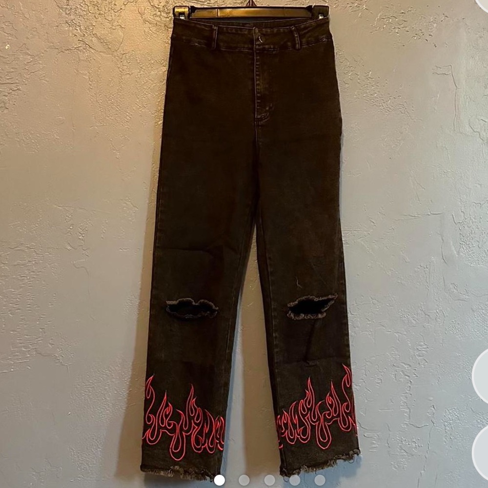 Valfré black jeans with embroidered red flames